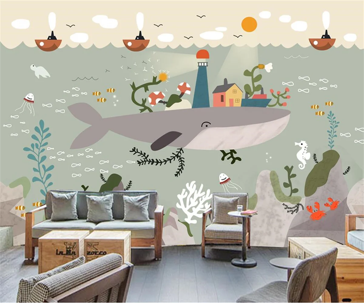 

Custom wallpaper nordic cartoon marine animal 3D Living Room TV Background Wall Cloth Canvas material 3d Wallpaper