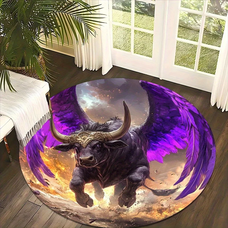 Purple-winged Bull Flannel-printed round floor mats are slip-resistant Suitable for living room bedroom terrace garden carpets