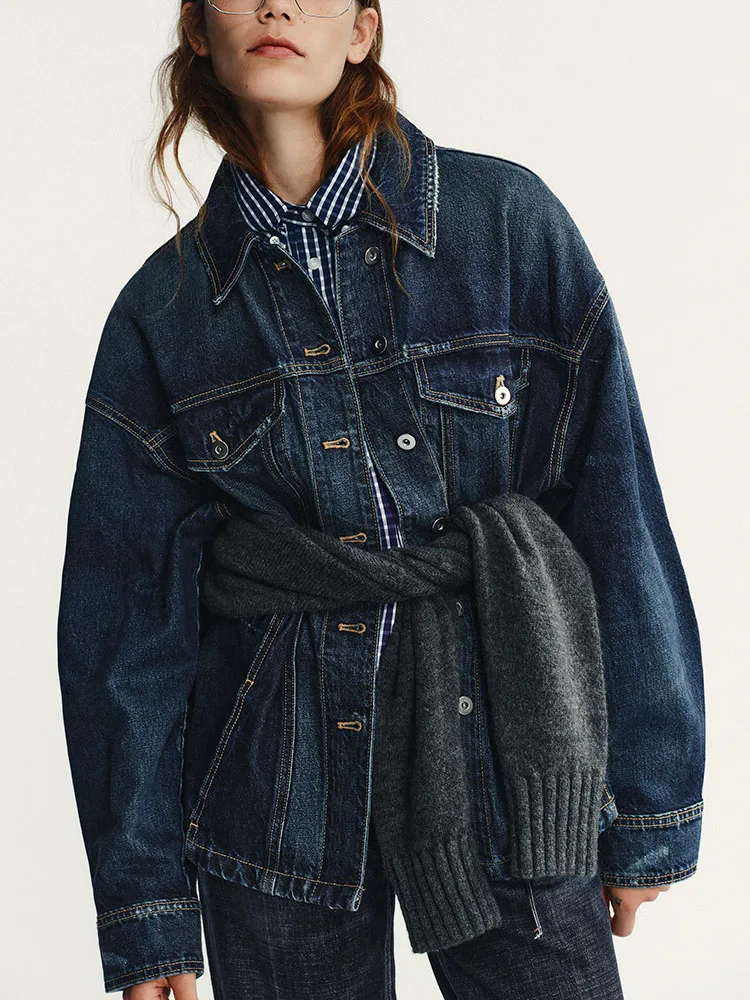 

Высококачественная женская джинсовая куртка с воротником ZA2025, осенняя новинка, верхняя одежда на пуговицах, женское пальто Ele Faion