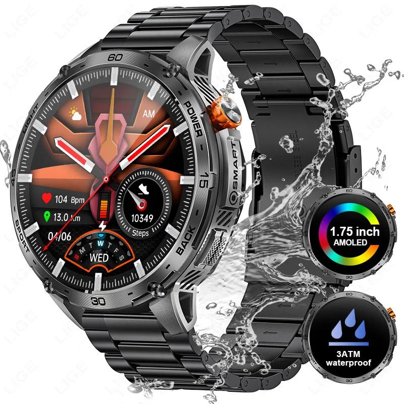 

LIGE New 730mAh Large Battery Military Smart Watch Men Flashlight AMOLED HD Display 3ATM Waterproof Outdoor Sports Smartwatch