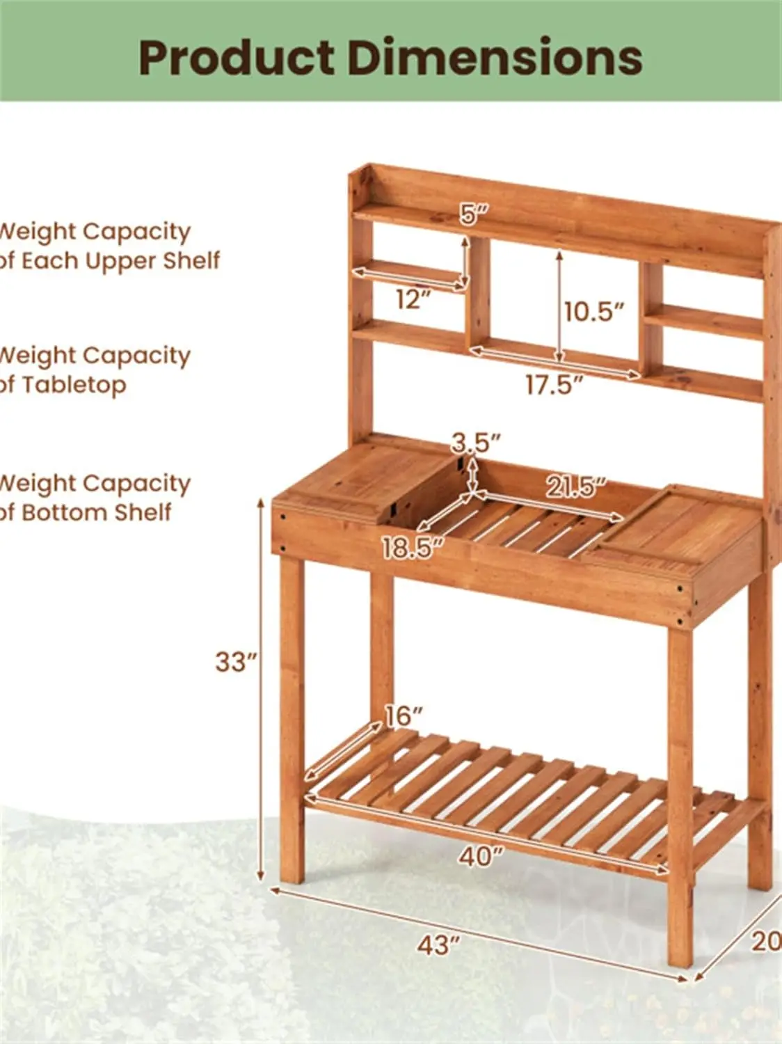 61 Inch Wooden Potting Bench with Flip-Up Top, Hidden Storage, 3-Tier Shelves for Patio & Garden, Solid Fir Wood, Customized