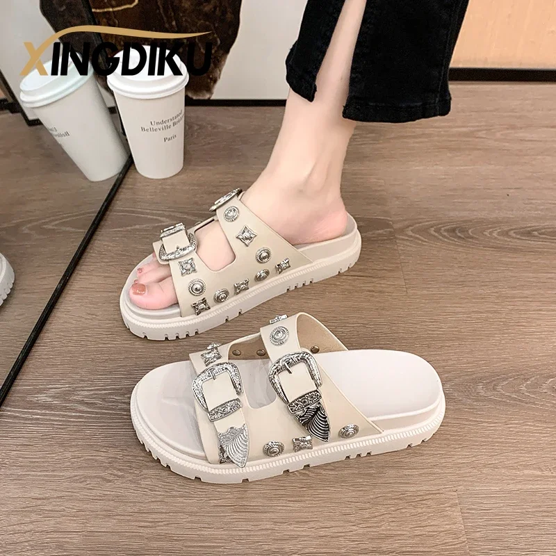 punk slippers women\'s 2022 spring autumn new metal buckle boutique decoration wedge heel comfortable outer wear slippers