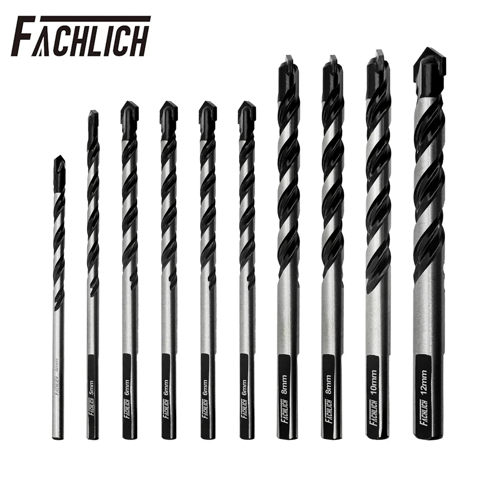 

FACHLICH 10pcs Drill Bit Kit Round/Triangle Shank Screw Carbide Hole Saw Masonry Concrete Brick Ceramic Wood Glass Milling