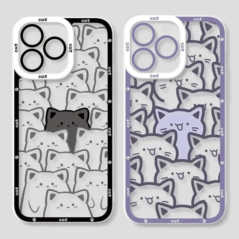 Niedliche Cartoon-Katzen-Paar Handyhülle für iPhone 17 16 15 14 13 12 11 Pro Max Mini X XR XS 7 8 Plus 17E SE Transparente Schutzhülle Fundas