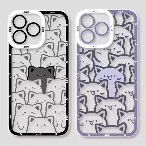 Cute Cartoon Cat Couple Phone Case for iPhone 16 15 14 13 12 11 Pro Max Mini X XR XS 7 8 Plus 16E SE4 Transparent Cover Fundas