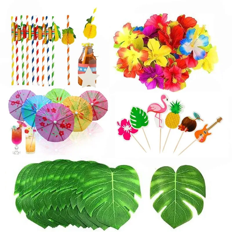 20pcs Artificial Hibiscus Flower and 10pcs Artificial Turtle Back Leaf Boho Party Decorations Hawaiian Table Flower Rustic Decor