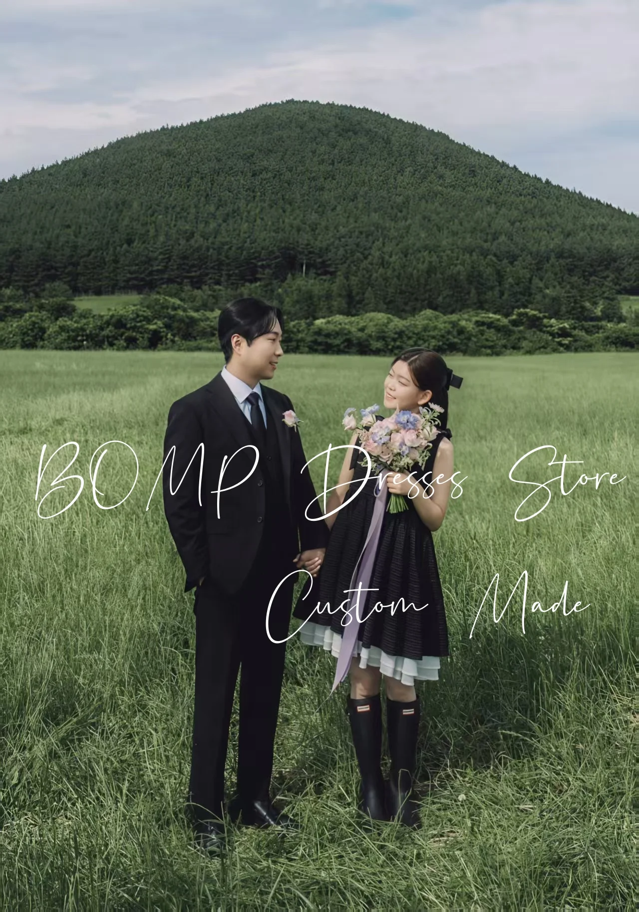 BOMP-vestido corto de fiesta de boda con contraste, tirantes finos, corte en A, satén negro, sesión de fotos de Corea, vestido de recepción nupcial personalizado Simple