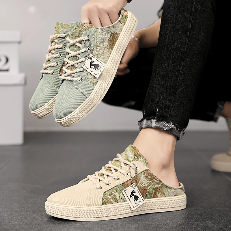 

Trend Designers Men's Half Slippers Summer Man Vulcanized Shoes Non Slip Wear Resistant Canvas Shoes Shallow Mouth Shoes for Men
