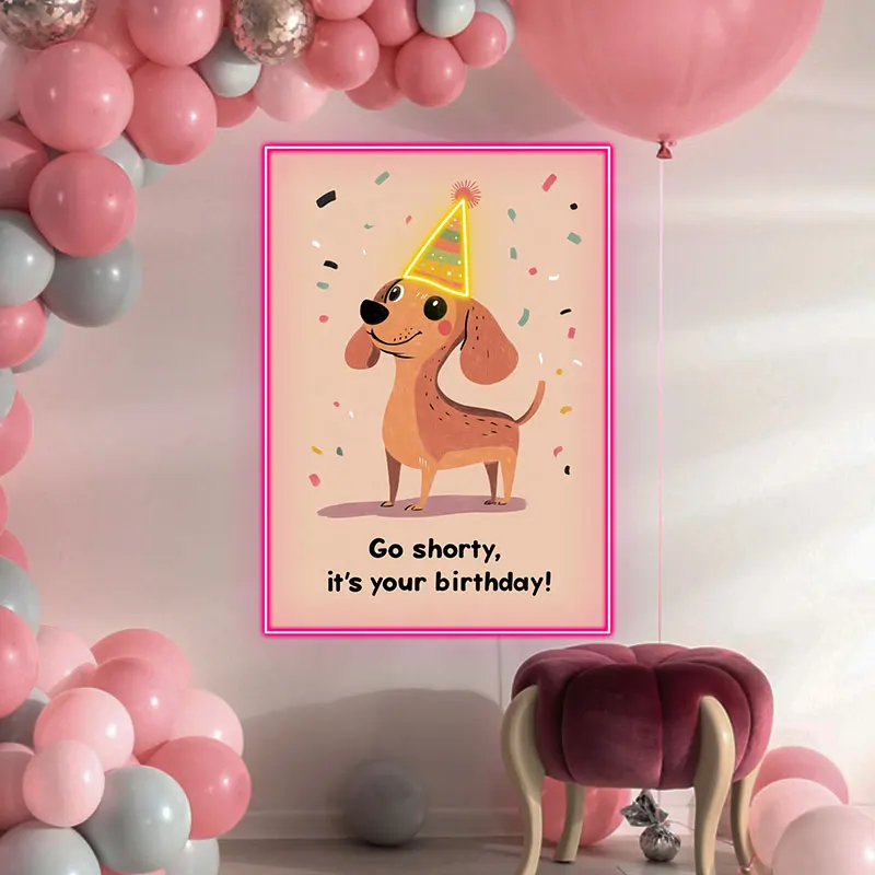 Neon Light Dog Birthday Party Sign – Cute Dachshund with Party Hat & Confetti, Fun LED Wall Decor for Kids Birthday Celebration