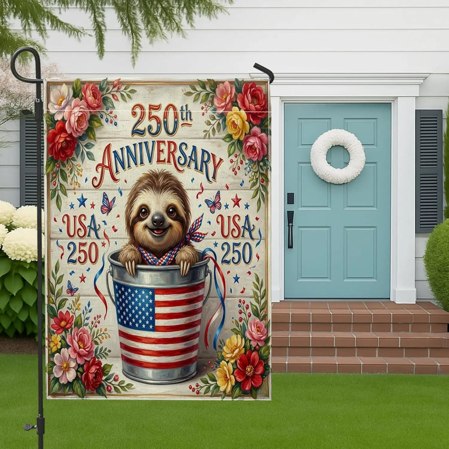 250 Years Sloth Garden Flags 12x18 Inch for Outside, 4th of July Wood Pattern Standard Linen House Flags, American Front Yar AAS