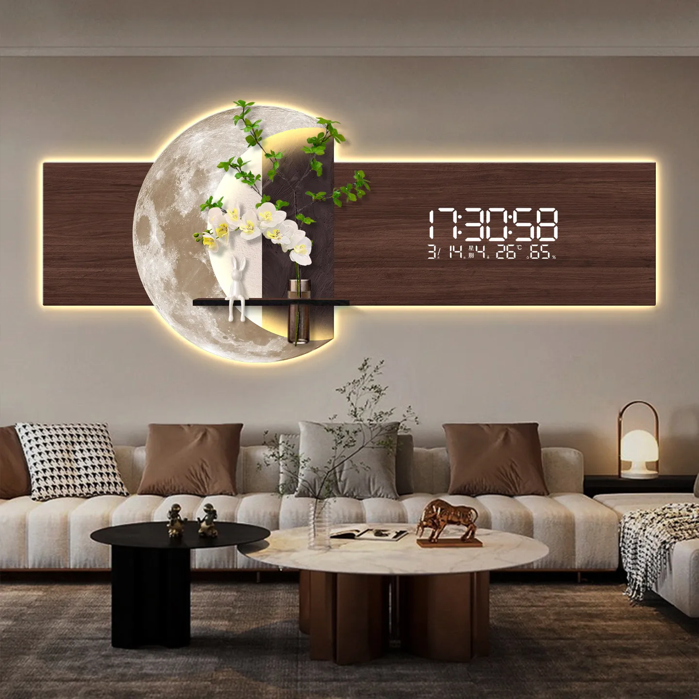 Modern Moon Living Room Led Decorative Painting Electronic Clock Creative Hydroponic Green Plants Sofa Background Wall Mural