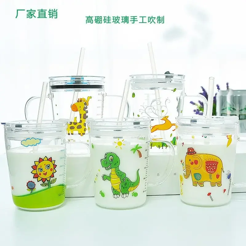 Animal Series Breakfast Cups Children Scale Creative Cartoon Straw Glass Cups Cute Household Heat-resistant Milk Mugs with Lids