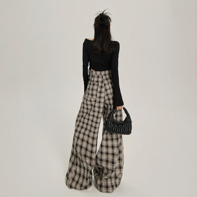 Women's Grey Plaid Pants Baggy Streetwear 90s Aesthetic Harajuku 2000s Y2k Pants Elegant Vintage Trousers Fashion Clothes 2024