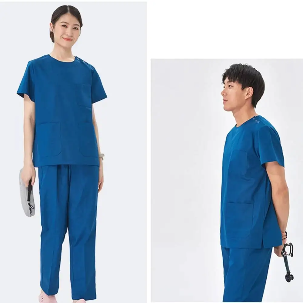 Women Men Scrubs Medical Uniforms Shoulder Snap Hospital Staff Workwear Pet Clinic Nursing Suits Dental Surgical Vet Outfit