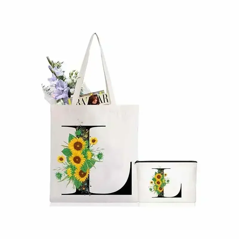 CHN4  Initial Canvas Tote Bag Sunflower Letter Personalized Bag Monogrammed Gift for Birthday