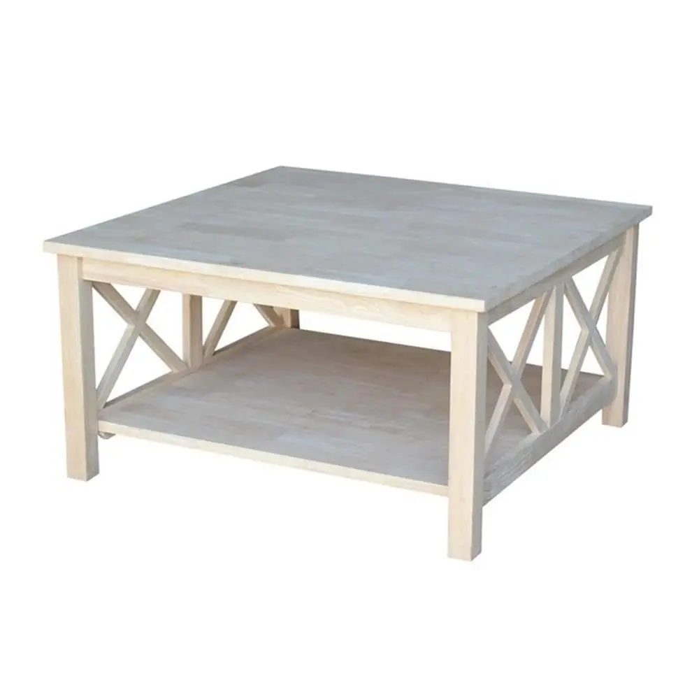 

Square Natural Unfinished Solid Wood Coffee Table With Shelf