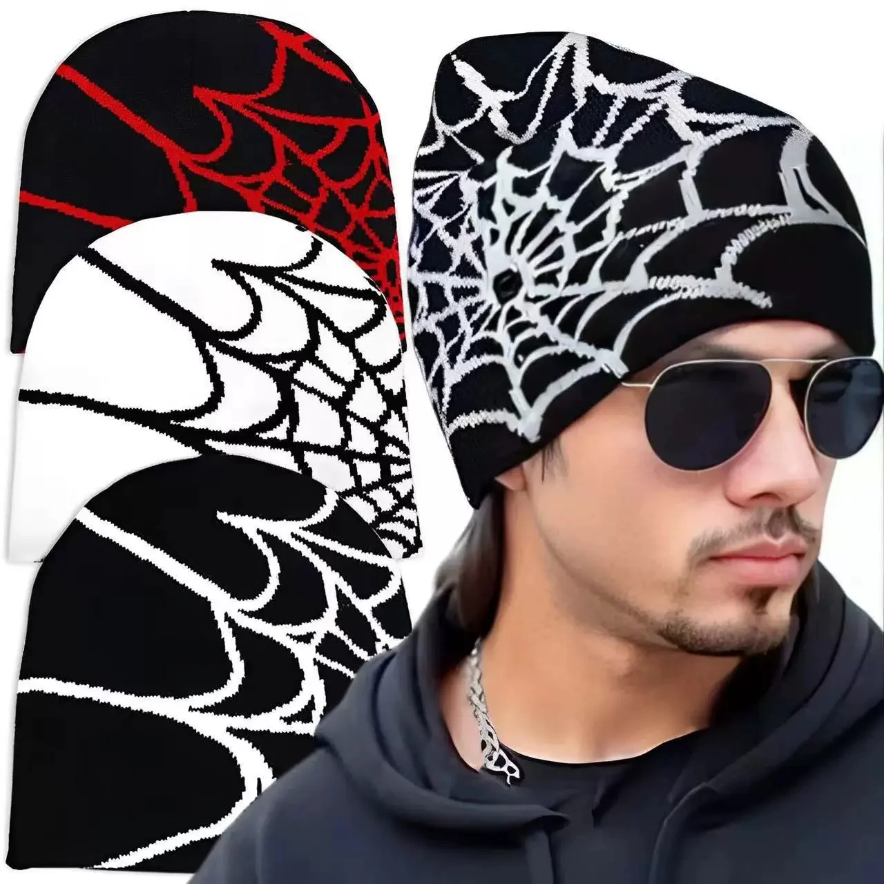 Y2K Gothic Spider Webs Jacquard Beanies for Unisex Autumn Winter Thermal Warm Elastic Knitted Skull Hats Hip Hop Streetwear Caps