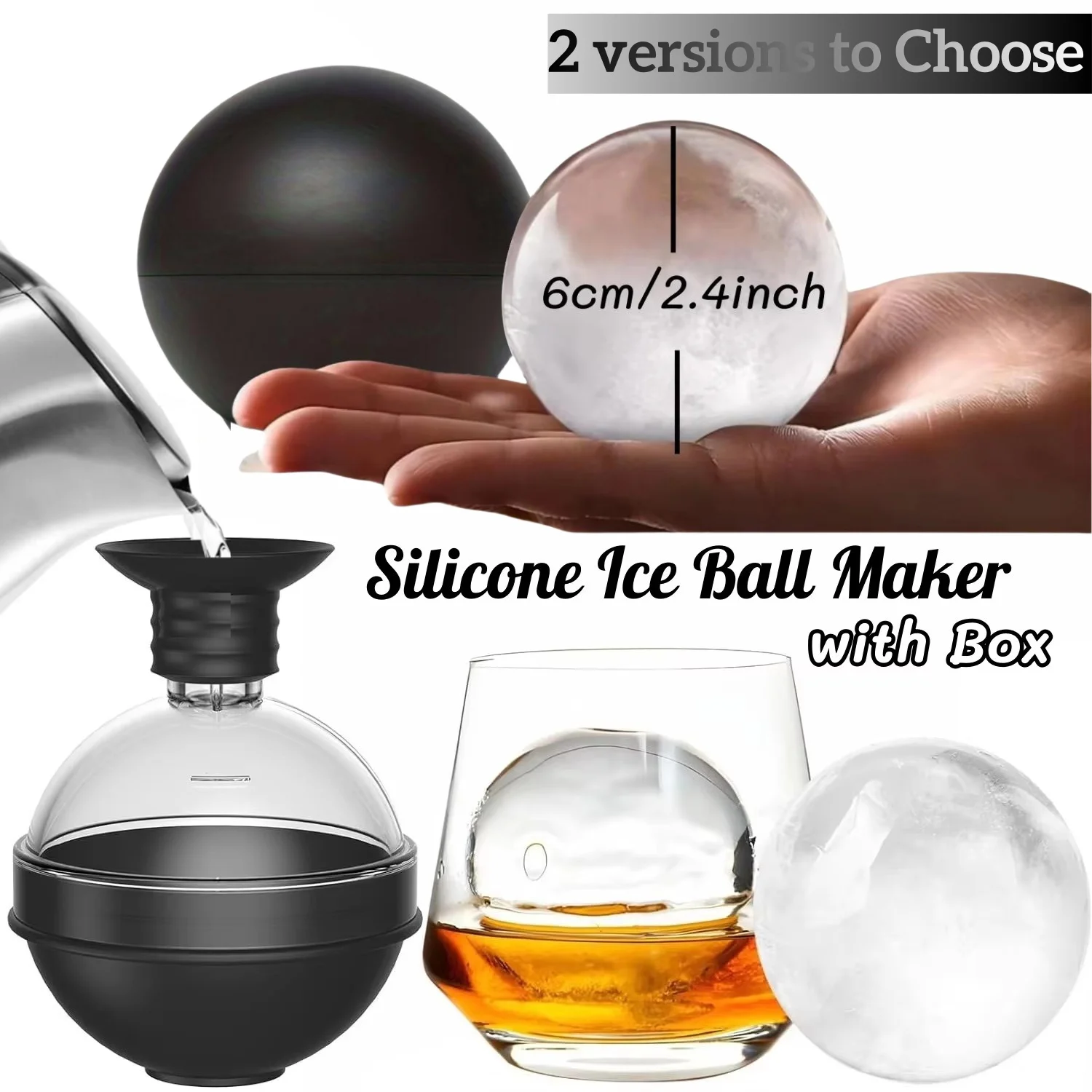 Paquete de 1/4 de máquina para hacer bolas de hielo de silicona, molde de hielo de esfera grande para whisky de 2,4 pulgadas con tapa de embudo 2 en 1, herramienta para cubitos de hielo para cócteles, acceso de cocina