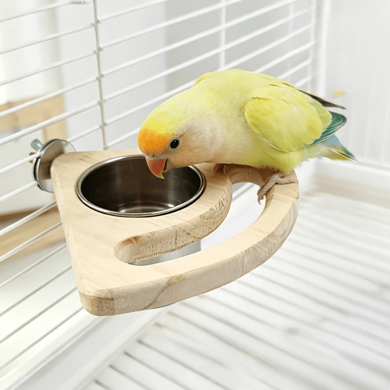 Parrot Bird Solid Wood Standing Stick Stainless Steel Feeder Natural Material Nibble Resistant Toy Stand Food Pot Pet Supplies