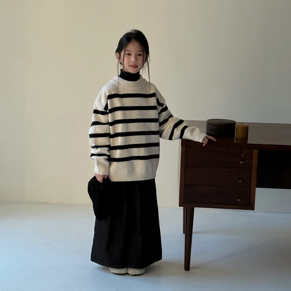Kids Sweater 2025 Autumn and Winter Korean Style Baby Girl Loose Thickened Striped Top Children's Round Neck Pullover Sweater