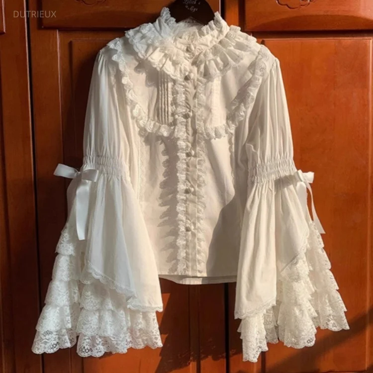 Japanese Kawaii Girl Cute Lolita Flare Sleeve Shirt Autumn Y2k Aesthetic Lace Patchwork Blouse Tops Women JK Sweet Loose Blusas