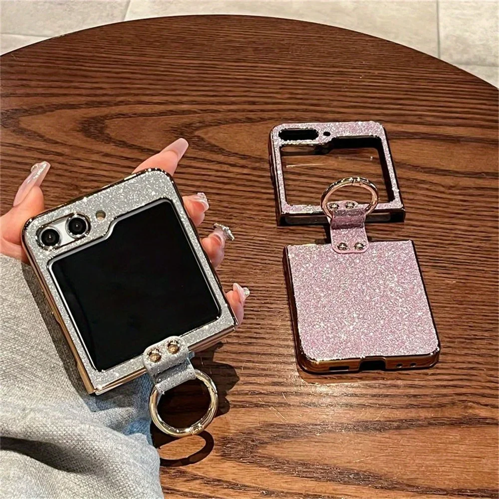Etui na telefon z brokatowym uchwytem na pierścień do Samsung Galaxy Z Flip 7 fe 6 Flip6 5G Luksusowe, błyszczące, twarde plastikowe etui ochronne