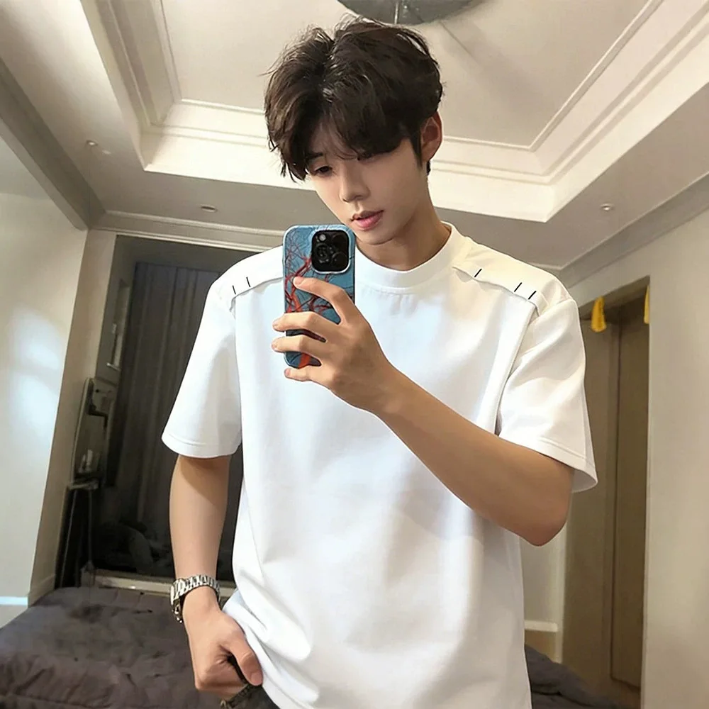 2026 Summer New Minimalist Short Sleeved T-shirt for Men Korean Fashion Harajuku Round Neck Casual Loose T-shirt Men Clothing