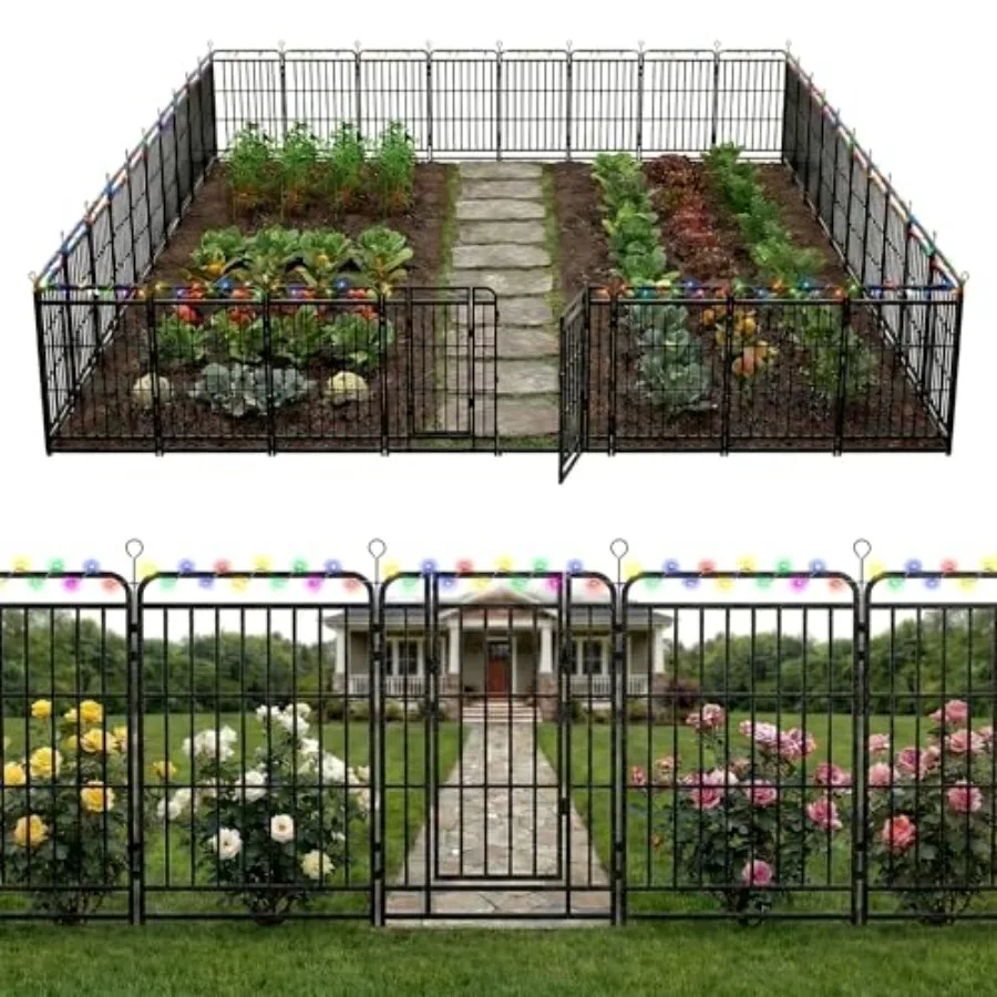 

Садовый забор с солнечными гирляндами для двора, 40 дюймов (В) x 72 фута (Д), сверхпрочные металлические панели без копки, барьер для животных, декоративный для собак