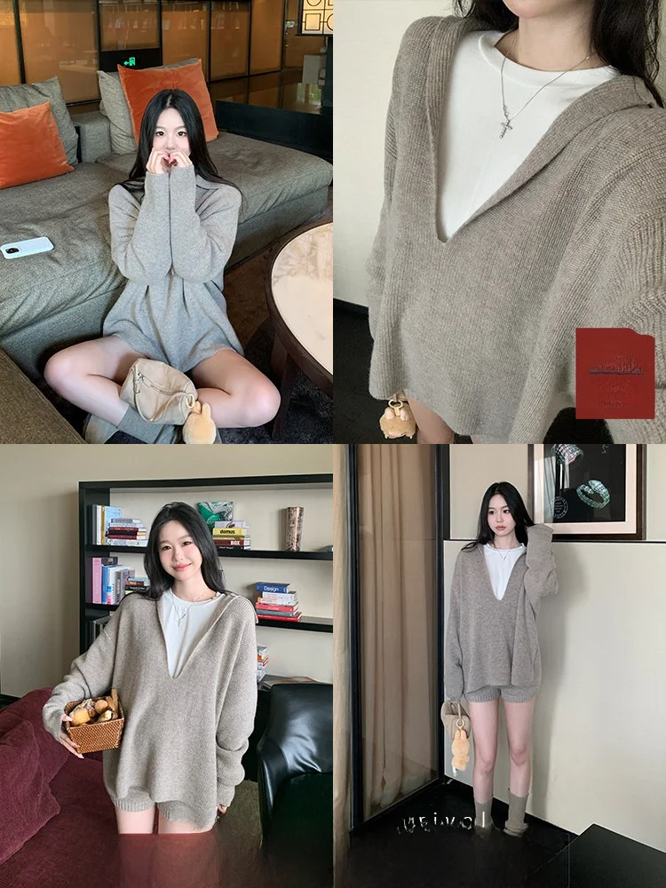 

Модный комплект из двух предметов: вязаный шерстяной топ Xzichic с глубоким V-образным вырезом и воротником, и повседневные шорты.