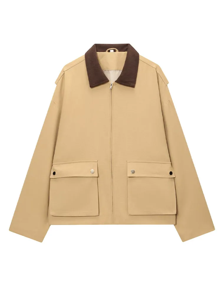 HH Moda invernale da donna Colletto con giunture allentato Decorazione tascabile Cappotto ampio Temperamento femminile Giacca a maniche lunghe con cerniera casual