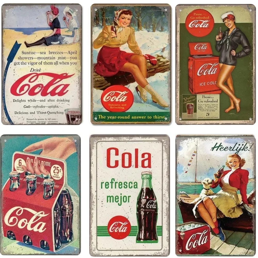 Cola Metal Tin Signs Decor Vintage Posters Girls Drink Cola Bottles Metal Plate Wall Decor for Bar Pub Club Restaurant Home