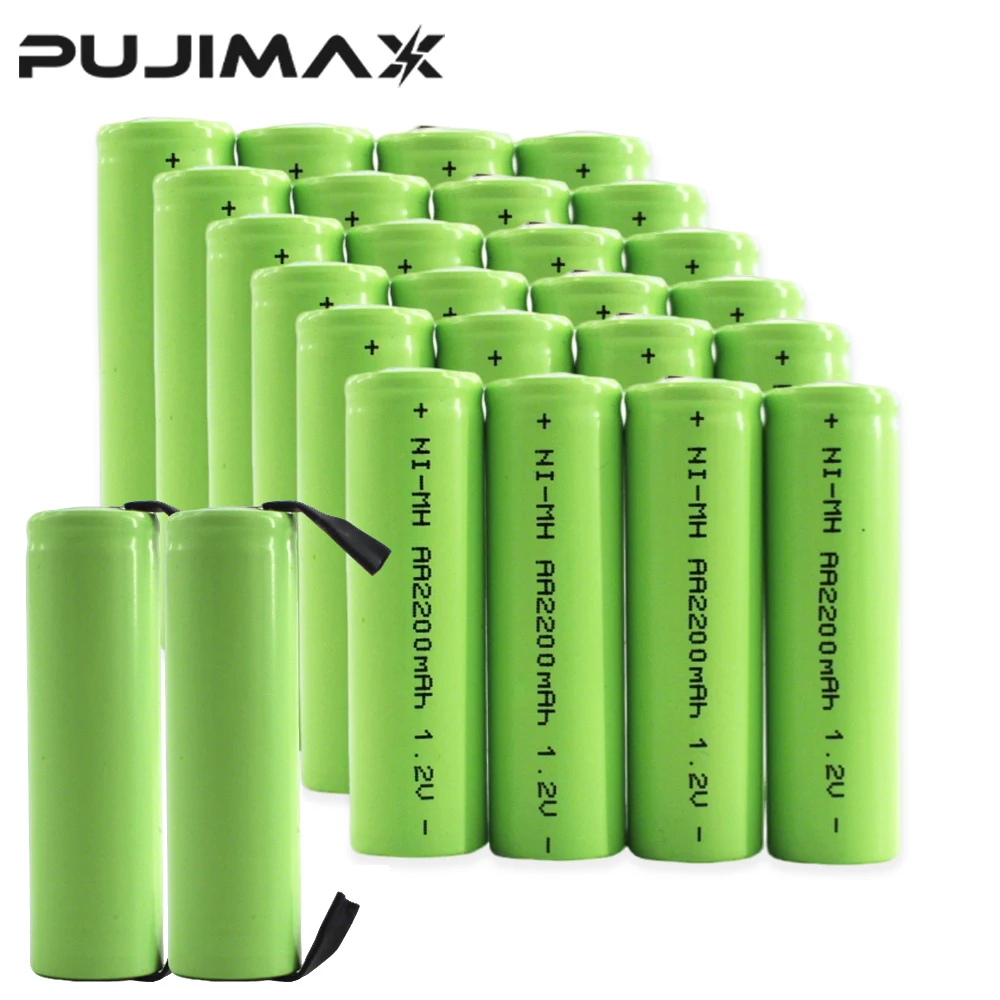 PUJIMAX 1.2V AA Rechargeable Battery 2200mAh NiMh Cell Green Shell with Welding Tab for Philips Electric Shaver Razor Toothbrush