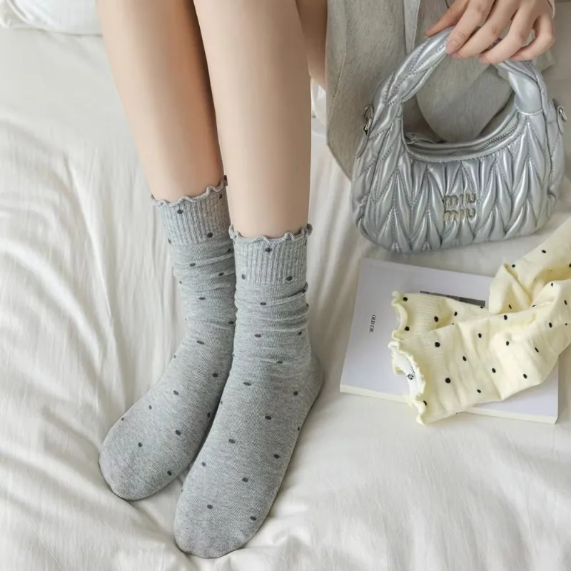 Polka Dot Lolita Sweet Girls Kawaii Cute Ruffle Socks Women Socks New Autumn Knitted Cotton Breathable Elastic Mid Tube Socks