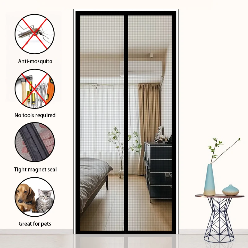 Black Mesh Door Curtain, Mosquito and Insect Protection, Invisible Ventilation, Magnetic Closure, Suitable for Various Settings