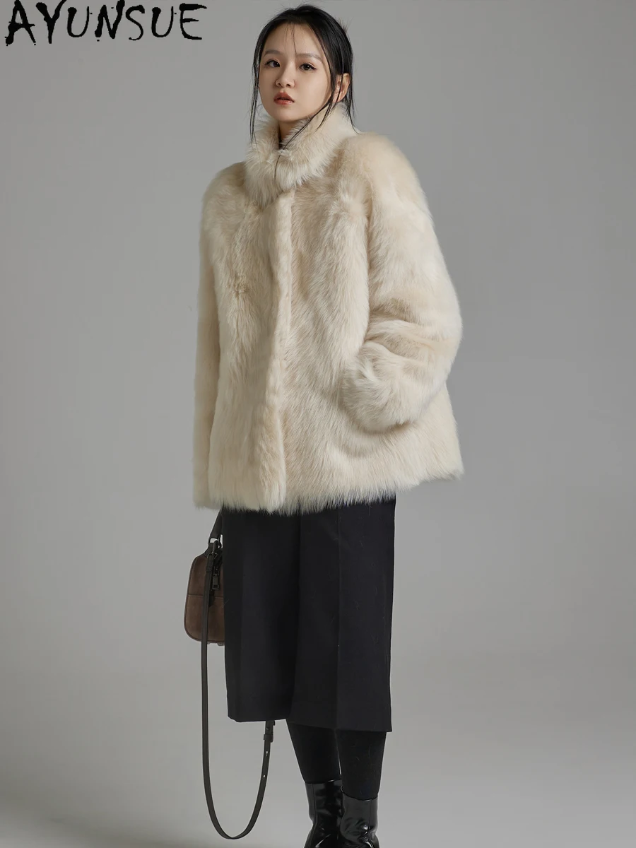 AYUNSUE سترة جلدية حقيقية للنساء معطف فرو من جلد الغنم الطبيعي جواكت شتوية 2025 ملابس فاخرة للسيدات فضفاضة تناسب شوبانا Жеenca