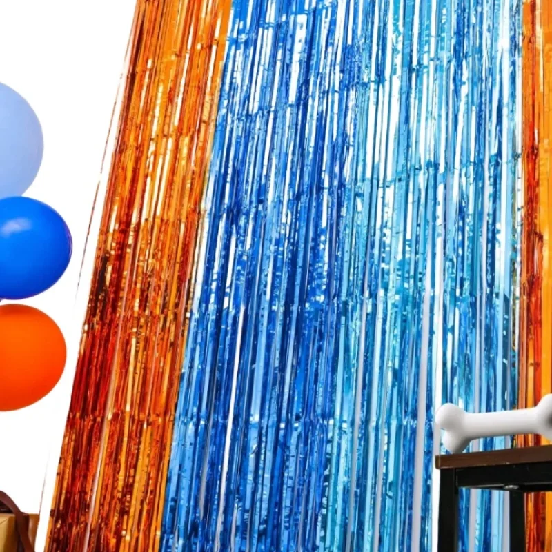 오렌지 블루 도그 호일 프린지 커튼, 생일 파티 용품, 바다 밑 인어 테마, 성별 공개 파티 장식 배경