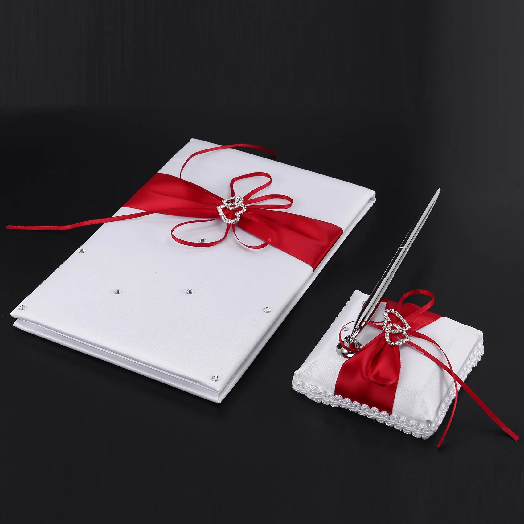 Wedding Guest Book With Pen Holder Sets Satin Bows Signature Book With Diamonds Love Shape For Party Decorations-Red+White