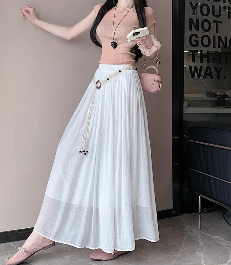 

Boho Women's Skirt Cotton Linen Yellow Female Skirts High Waist Harajuku 2025 Trend Luxury Elegant Vintage Long Skirt With Belt