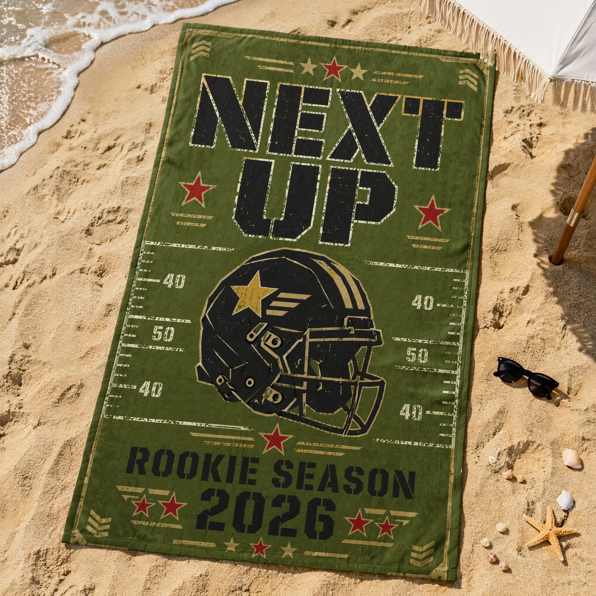 Army Green Rookie Football Retro Print Beach Towel, Suitable For Beach, Swimming Pool, Vacation, Unique Holiday Gift - view 5