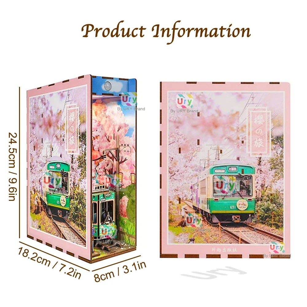Ury 3D Wooden Puzzle Magic Japanese Style Cherry Blossoms Sakura Tram Station LED DIY Book Nook Shelf Insert for Xmas Gift