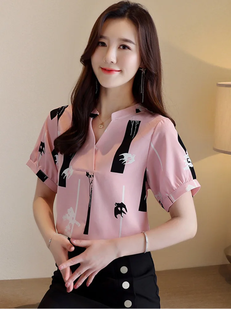 #3301 White Pink Printed Chiffon Blouse Women V-neck Vintage Office Short Sleeve Blouse Femme Loose Sexy France Style Summer