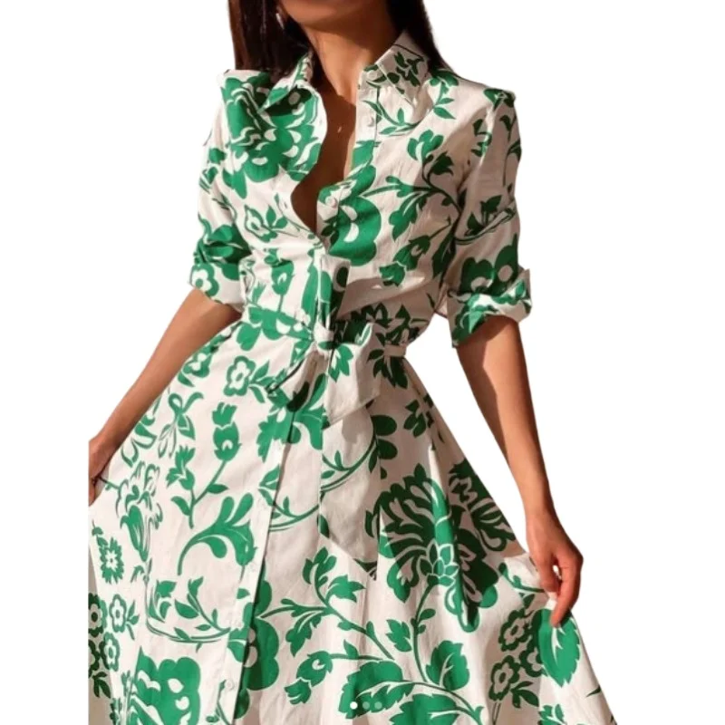 Autumn New Button Down Shirt Dress Long Sleeved Floral Print Beach Skirt