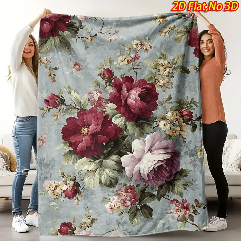 1pc 2D Flat Printing Spring & Summer New Arrival Vintage Floral Themed Flannel Blanket, 100% Polyester Fiber HD Digital Printing