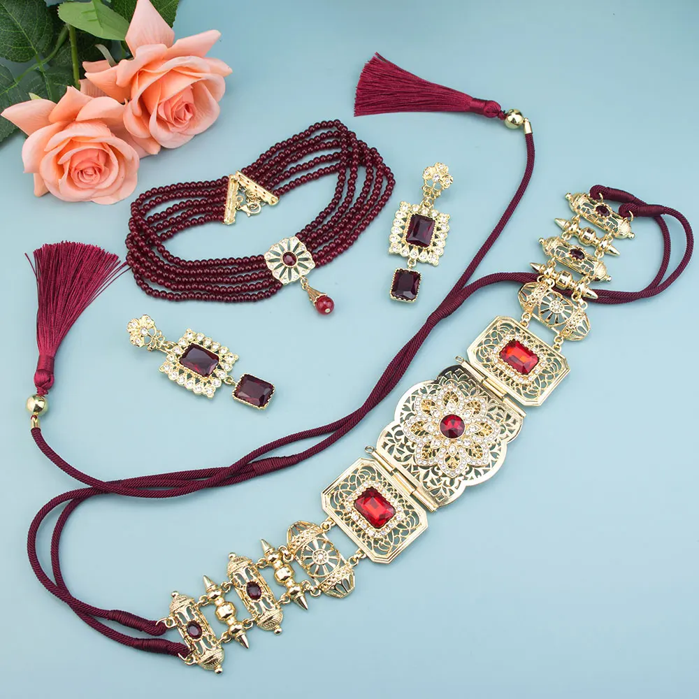 Poyasa Chic Moroccan Caftan Belt Rope String Waist Chain Beads Choker Necklace Square Crystal Earring Arabic Bridal Jewelry Set