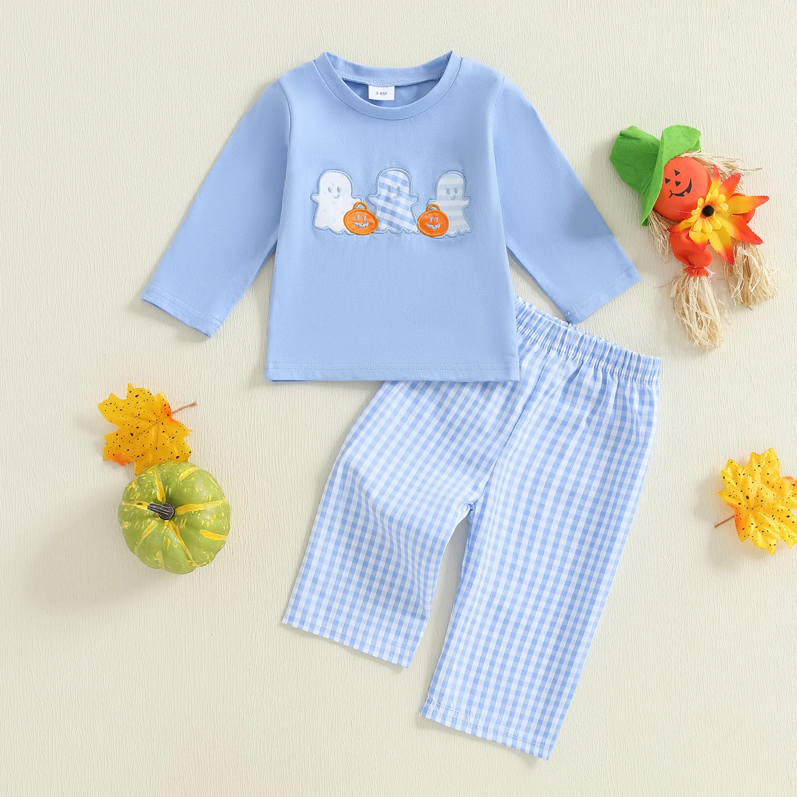 

Lioraitiin Toddler Boy Halloween Clothes Ghost Embroidery Long Sleeve Pullover Elastic Waist Plaid Pants 2Pcs Fall Outfit