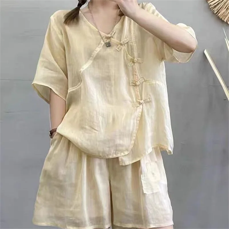 2026 Spring/Summer Set New Artistic Retro Handmade Pan Button Cotton and Hemp Top+Shorts Two Piece Set V-neck Short Sleeve Shirt