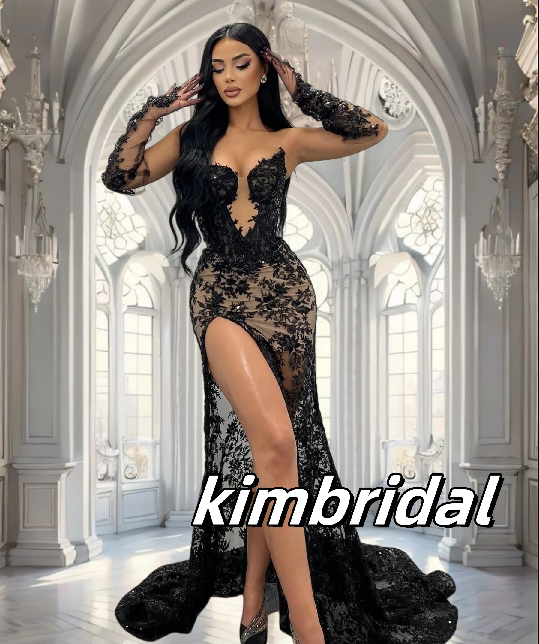 Black Lace Mermaid Prom Dresses Long for Women 2025 with Slit V Neck Illusion Long Sleeve Formal Evening Gowns