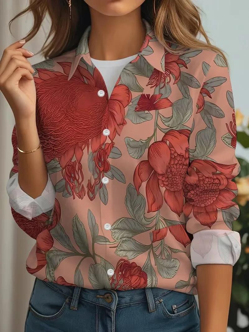 Women Blouse Christmas Gingerbread Candy Cane Tree Snowflake Print Lapel Long Sleeve Button Shirt Loose Ladies Holiday Wear Tops
