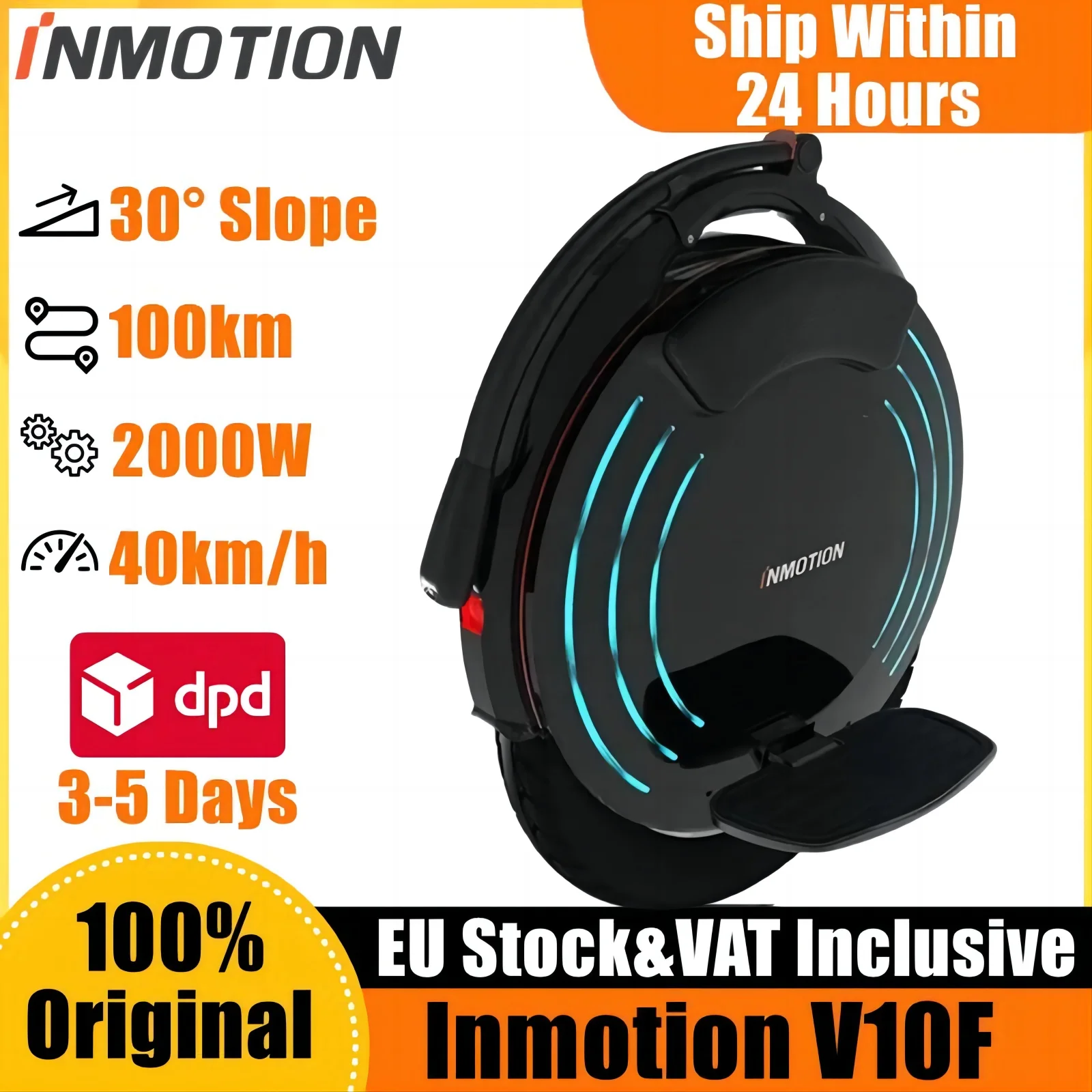 EU Stock INMOTION V10F Unicycle 84V 960Wh Battery 2000W Motor 40km/h Speed APP Self Balance Monowheel 100KM Smart EUC E-wheel