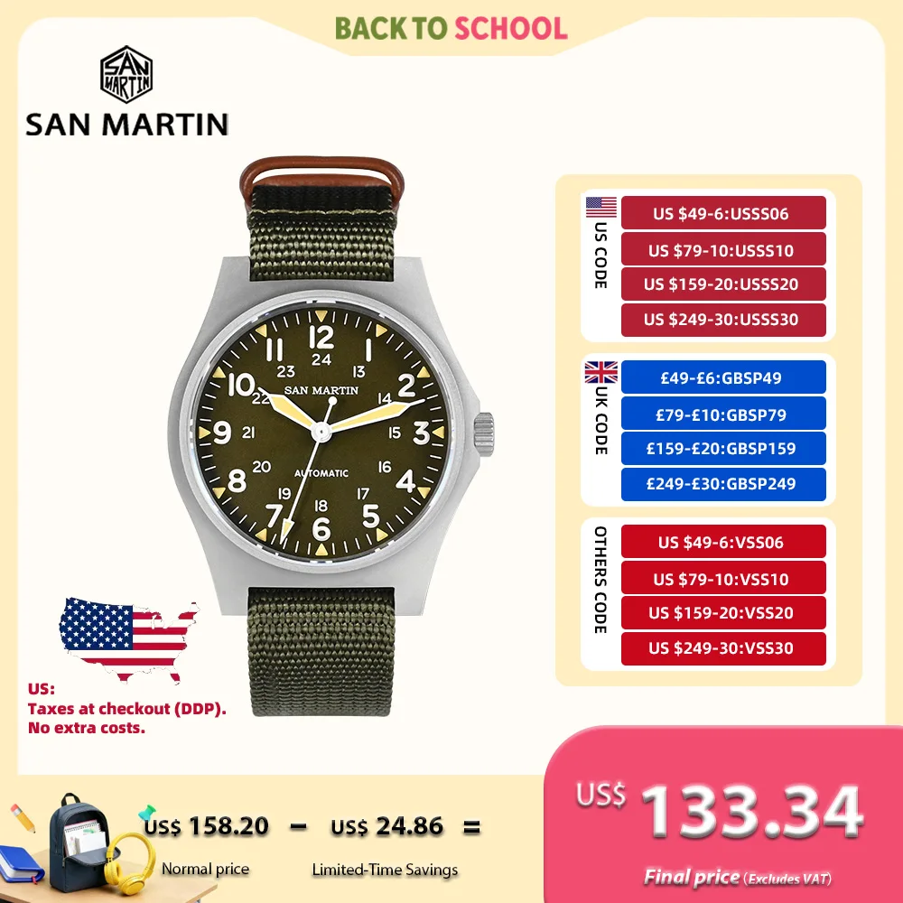 

San Martin 38 мм NH35 полевые автоматические часы для мужчин наручные часы механические простые пилотные водонепроницаемые 10ATM Montre SN0137